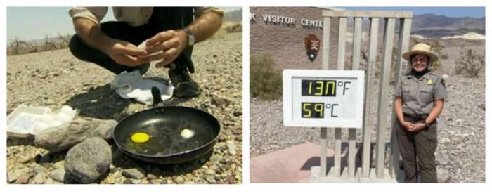 Мужчина пробует пожарить яйца под солнцем без плиты в Долине Смерти