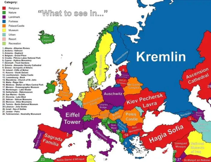 Главная достопримечательность в каждой стране Европы и Ближнего Востока