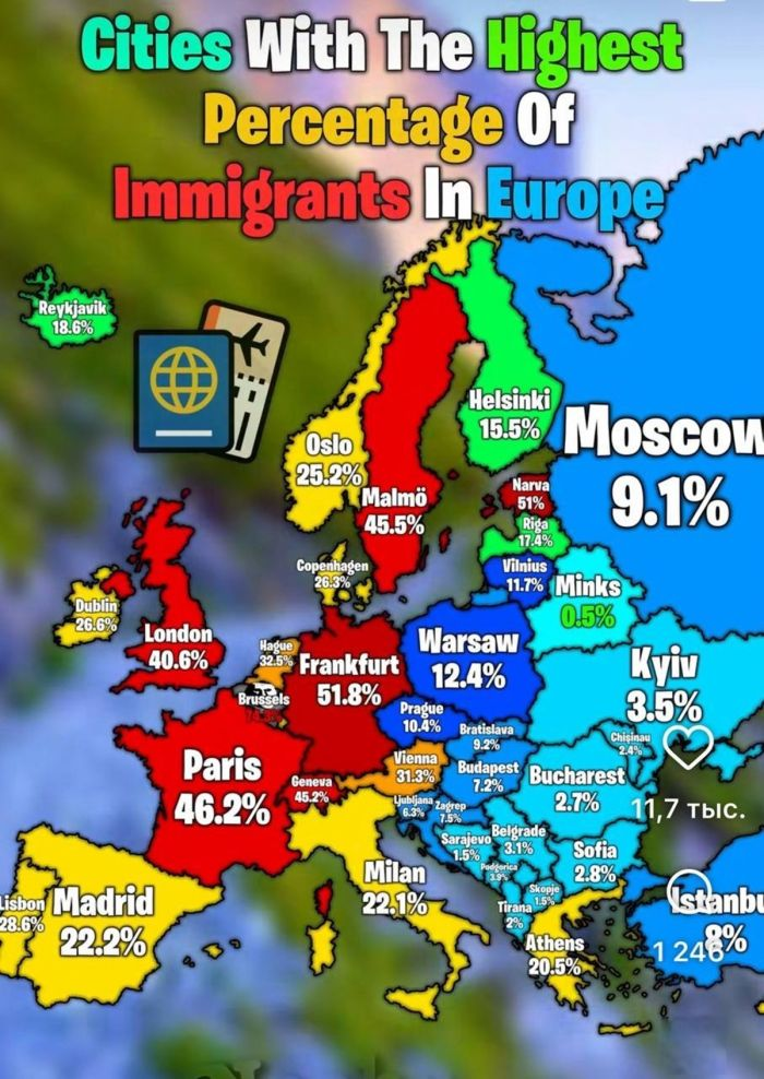 Города Европы с наибольшим процентом мигрантов